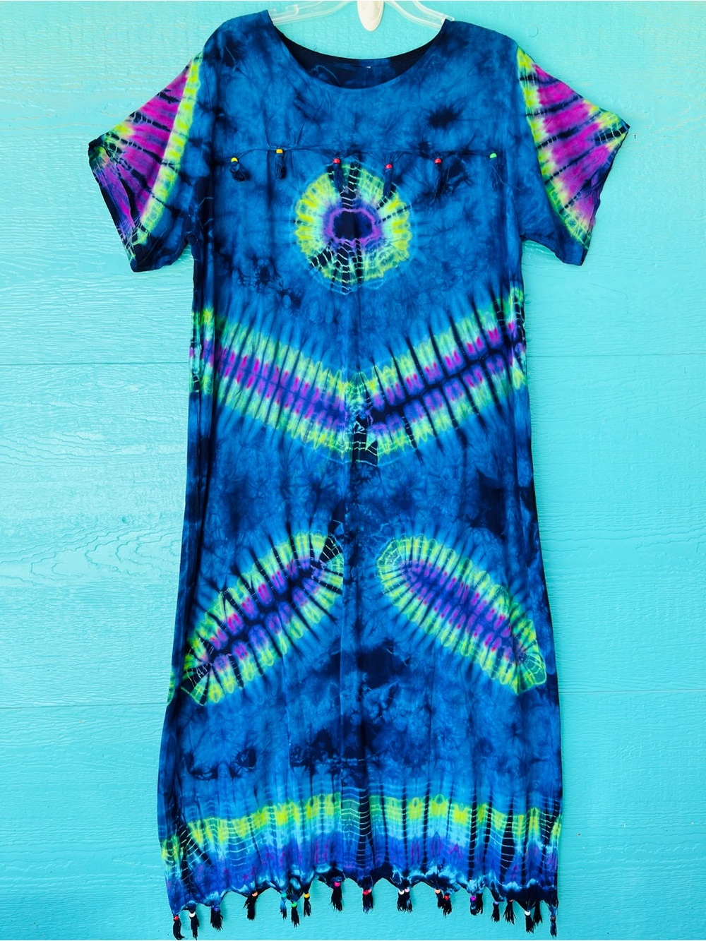 Vintage 1970's Tie-Dye Blue Batik Maxi Dress Boho Hippie • Beaded Fringe LARGE - Picture 2 of 7